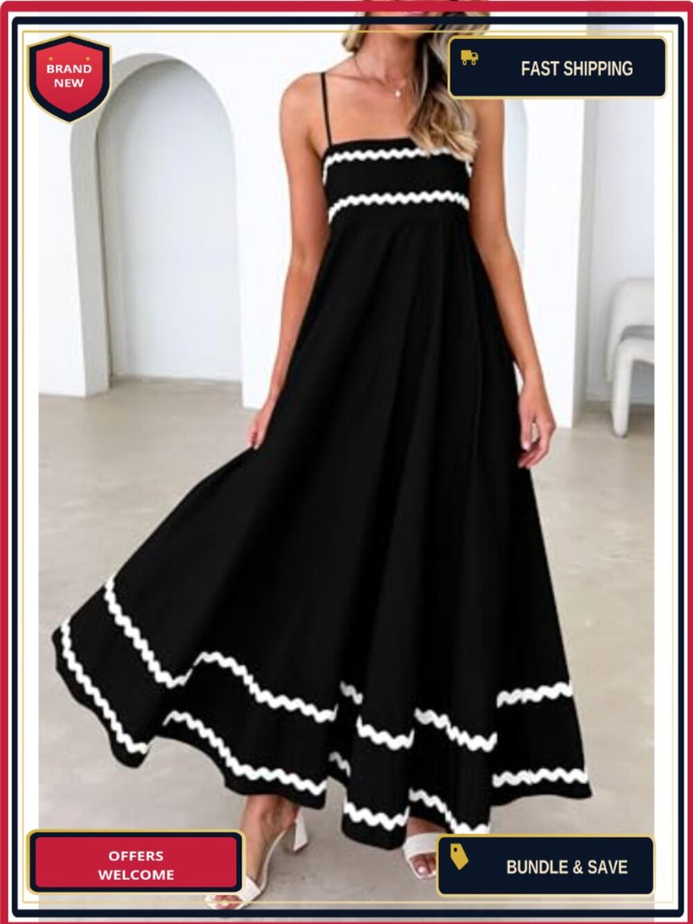Boho Maxi Dress Sleeveless Square Neck High Waist Flowy Sundress with Pockets - Picture 5 of 6